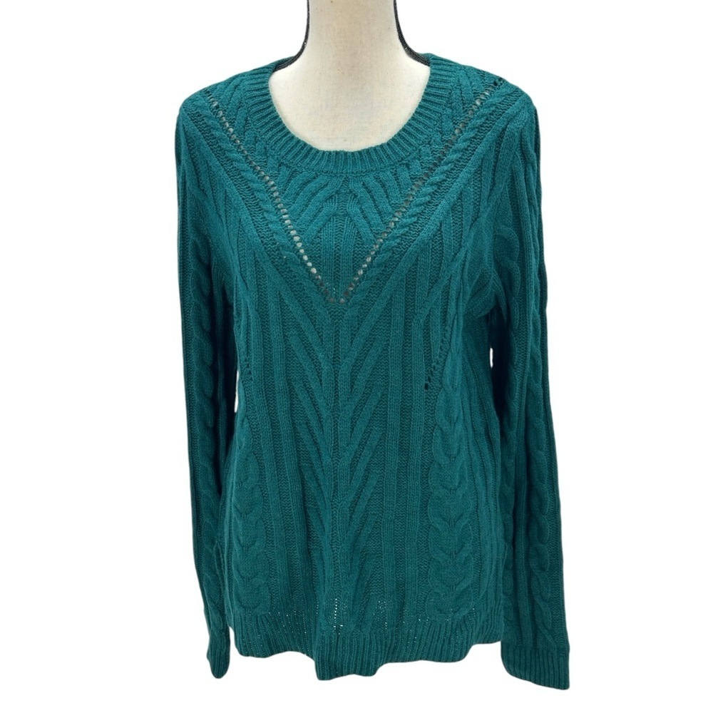 Hippie Rose Long Sleeve Crew Neck Cable Knit Sweater - Green - size Large